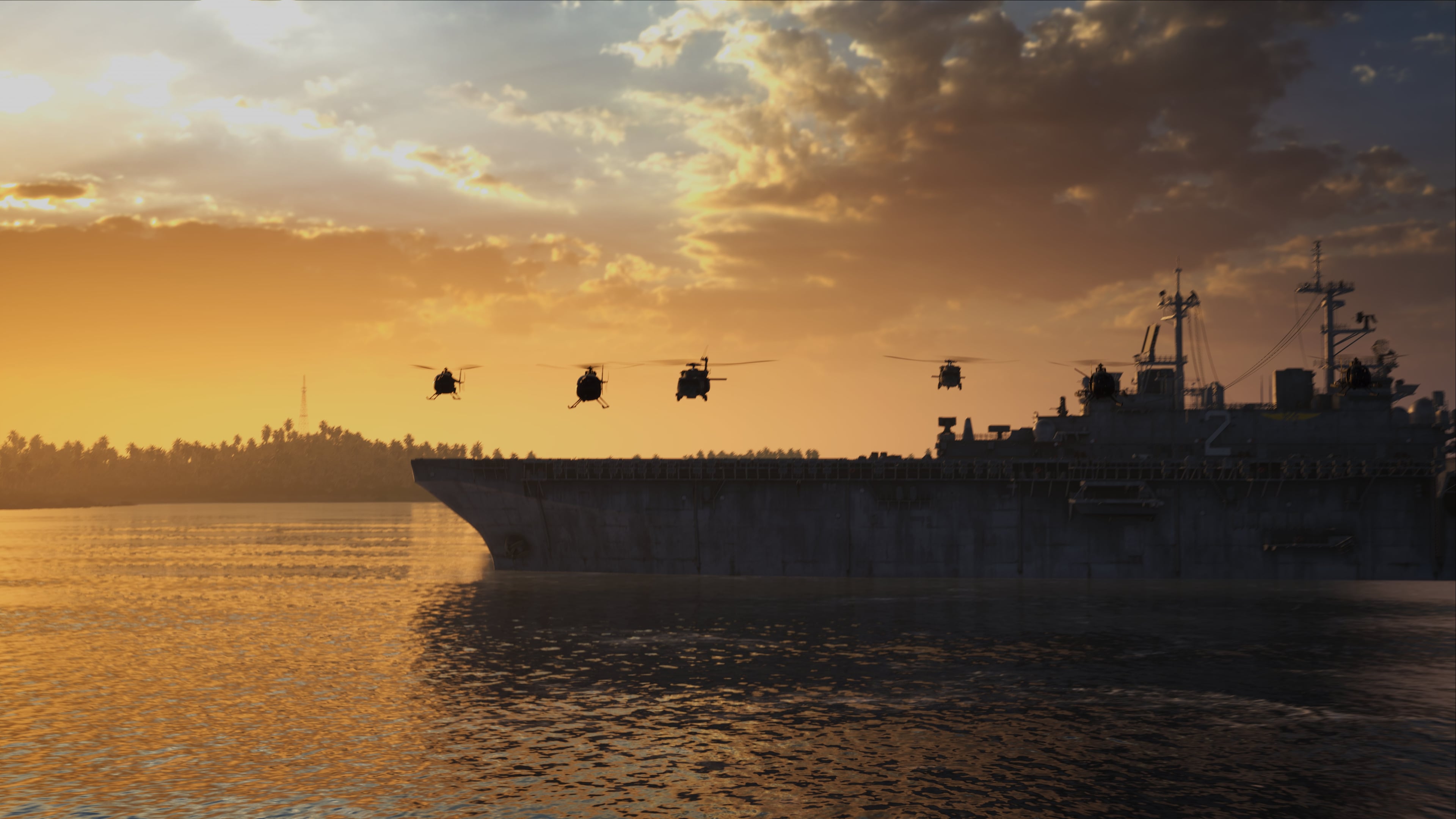 Portaaviones y helicópteros al atardecer en Squad