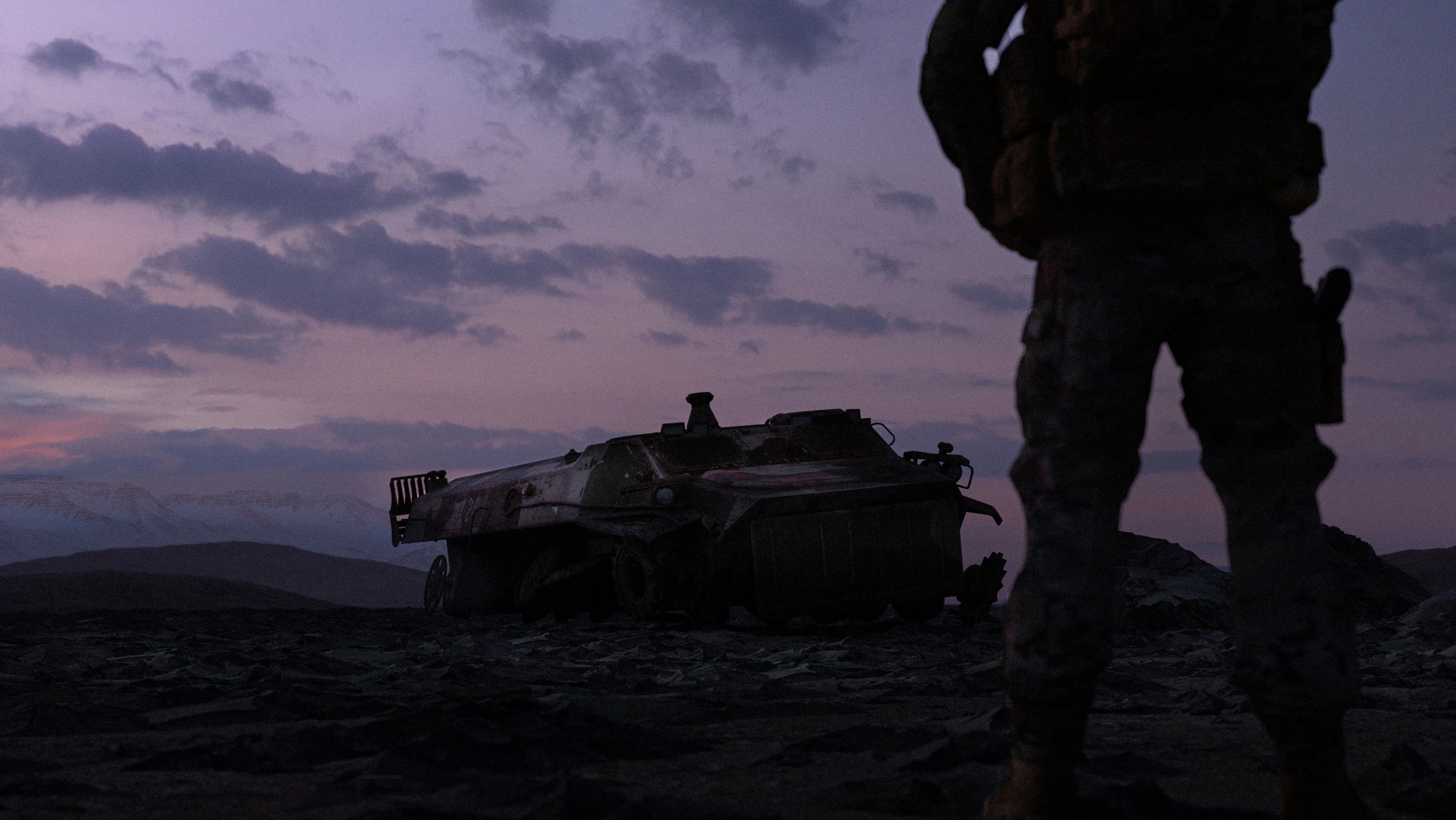 Vehículo destruido al atardecer en Squad
